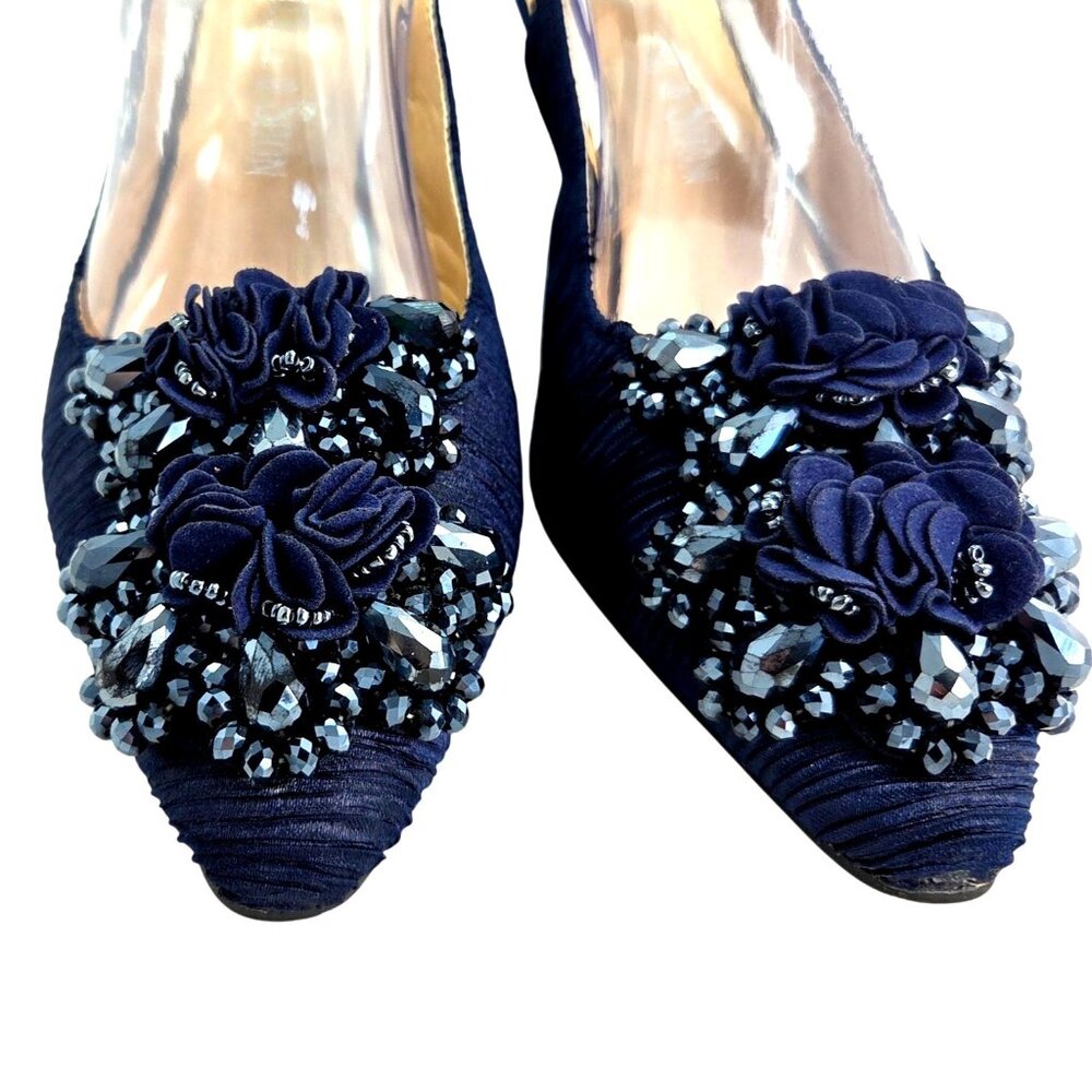 Whittall & Shon Navy Blue Ruched Velvet Embellished Slingback Heels Size 10 - Picture 3 of 10